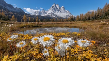 Alpine Meadow with Snow Dusted Daisies and Mountain Peak