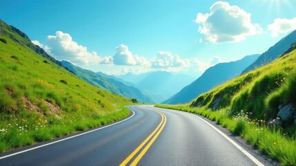 Asphalt Ribbon Unwinding Through Verdant Mountain Slopes Under a Bright Summer Sky