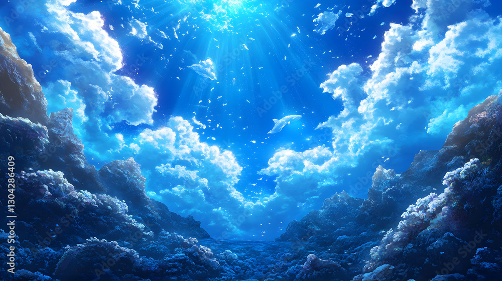 Poster a serene underwater scene with vibrant blues, illuminated by sunlight filtering through clouds, crea