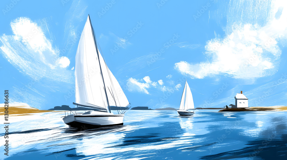 Poster a serene seascape featuring two sailboats gliding across calm waters under a bright blue sky, comple