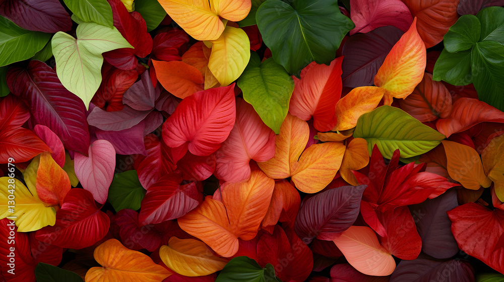 Poster A vibrant array of colorful leaves in various shapes and hues, creating a beautiful natural tapestry