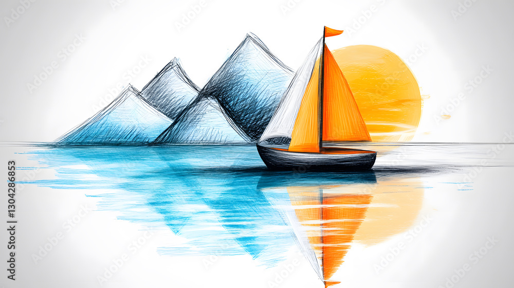 Poster a colorful illustration featuring a sailboat on water, with pyramids in the background and a warm su