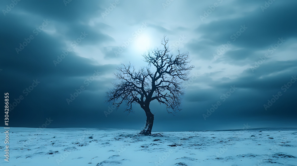 Aufkleber a solitary tree stands in a snowy landscape under a moody sky, illuminated by a soft light, creating
