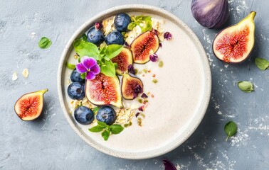 A beautifully arranged bowl of creamy oatmeal topped with fresh figs, blueberries, and vibrant edible flowers, set against a rustic backdrop.