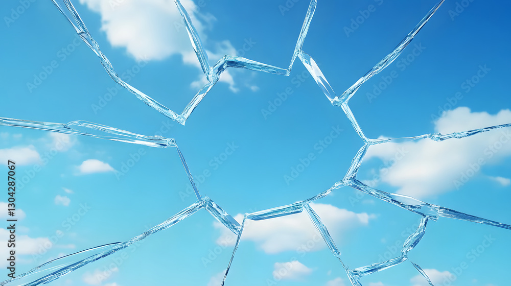 Poster a broken glass effect revealing a clear blue sky with fluffy clouds, creating a striking contrast an