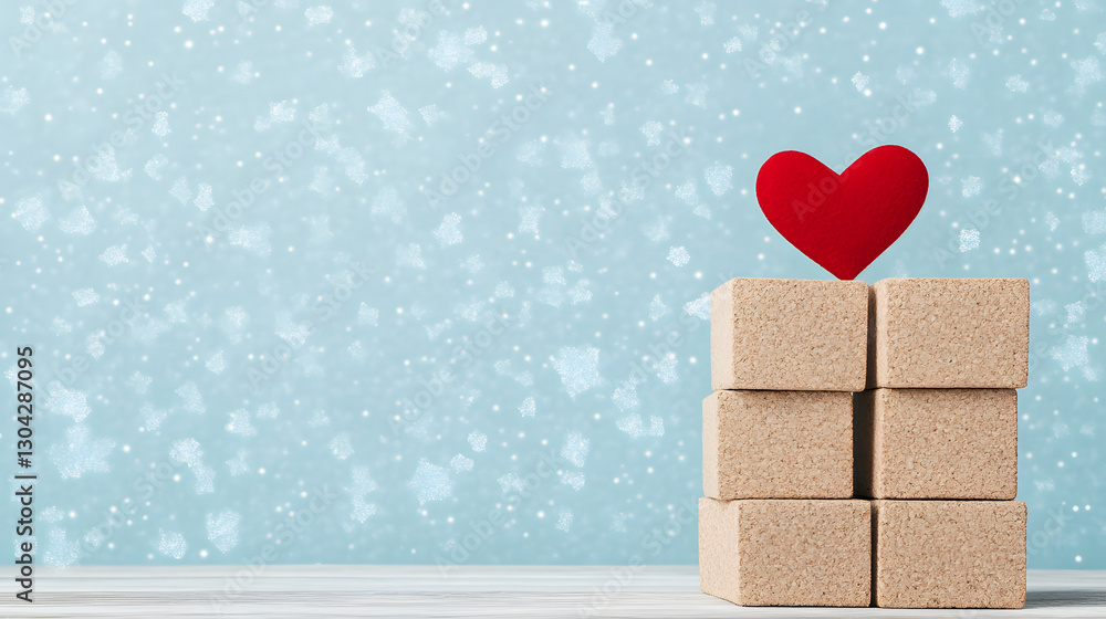 Poster a stack of light-colored blocks features a vibrant red heart on top, set against a soft blue backgro