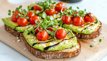 Homemade food flat lay. Avocado toast with cherry tomatoes and microgreens on wooden board