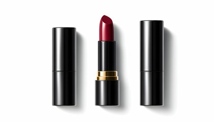 Obraz premium Dark red lipstick, open and closed cases, white background