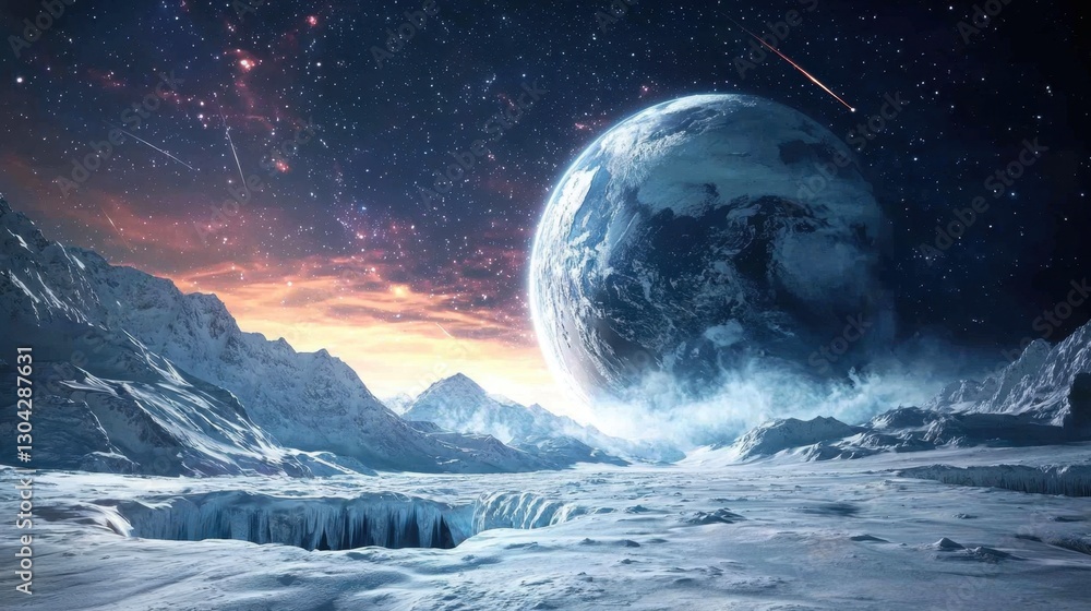 Poster a large planet is floating in space above a snowy landscape