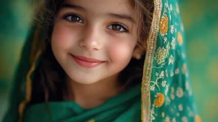 A joyful child, clad in vibrant green attire, their eyes radiating warmth and happiness as they gazed into the camera lens.