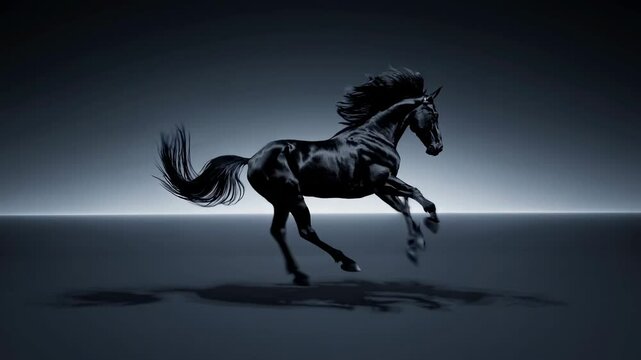 A sleek black horse trots in a minimalist setting, captured in a side profile video with a low-angle shot, highlighting its dynamic motion and elegance. Live desktop wallpaper.