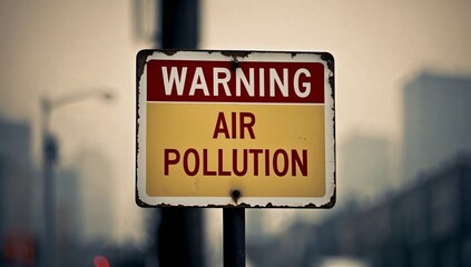 A &ldquo;Warning Air Pollution&rdquo; with a smog-filled air in the background,  thick haze, cinematic realism.