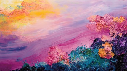 A painting of a colorful underwater scene with pink and blue flowers