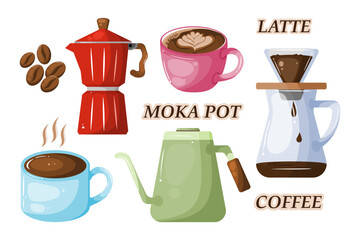 Cute coffee brewing equipment illustration, featuring Moka Pot, drip kettle, and latte. Ideal for coffee-related designs.