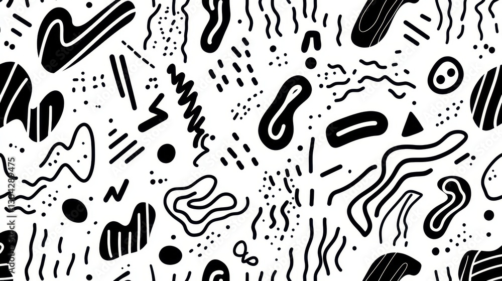 Aufkleber a black and white drawing of a pattern with many different shapes and lines