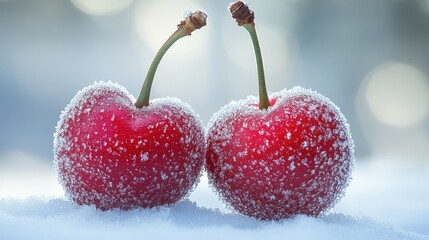 Two frozen cherries, glistening with icy crystals, stand sentinel against a backdrop of pristine white snow, a testament to the beauty of a winter wonderland.