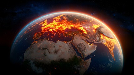 Obraz premium The image shows a digitally enhanced view of Earth from space, predominantly highlighting Europe and parts of Asia and Africa. The continents are depicted with city lights appearing as fiery orange