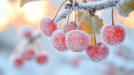 A frosted canvas of white and red, where cherries, like tiny jewels, clung to the branches of a snow-dusted tree, their glistening surfaces reflecting the ethereal glow of the setting sun.
