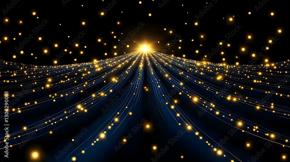 Poster a dark blue, wave-like surface is illuminated by numerous golden lines of light converging towards a