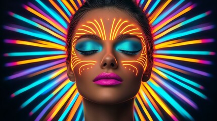 A striking portrait of a woman with vibrant face paint and luminous colors radiating from her, embodying cultural expression.