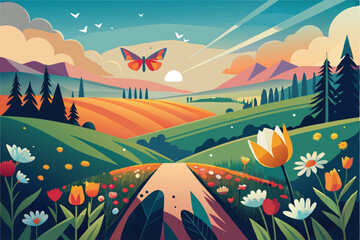 Beautiful flowers in the meadow. In a cartoon style. Butterflies were looking for honey in the flowers. Butterflies were looking for honey in the flowers, isolated on a white background.