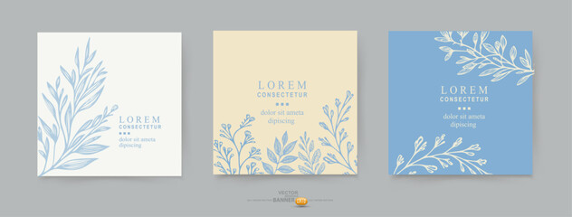 Vector set. Floral vintage background in blue tones pastel colors. Cute Elements for Easter Cards. Template for design, advertising, postcard, invitation, label, banner.