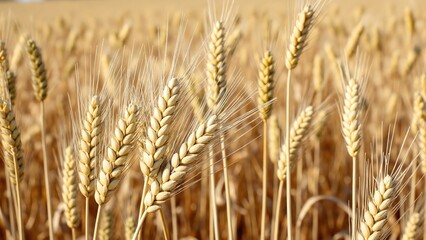 Fototapeta premium Wheat spikes on long stems ripen in rural field closeup. Golden barley harvest grows in farm meadow on sunny day. Food products making