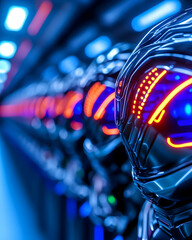 Futuristic helmets line a neon-lit facility