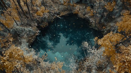 Aerial View of a Teal Pond Surrounded by Golden Autumn Trees