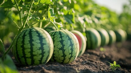 In a controlled greenhouse, rows of vibrant, organic watermelon plants thrived under the watchful gaze of hydroponic systems, their sweet, juicy flesh a testament to nature is bounty.