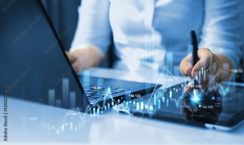 Poster trader analyzing data on virtual screen.price graph and indicator. stock market invest and crypto cu