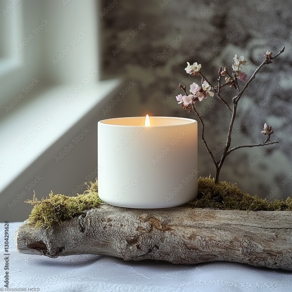 Aufkleber luxurious scented candle on rustic wooden base with delicate flowers, creating serene atmosphere