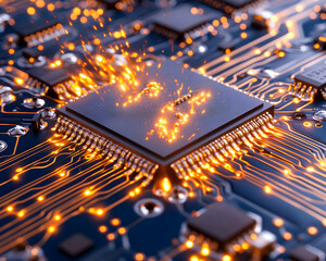 Glowing CPU sparks on circuit board