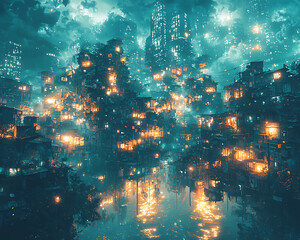Obraz premium Global economy economic growth inequality. glowing cityscape with illuminated buildings reflects in water