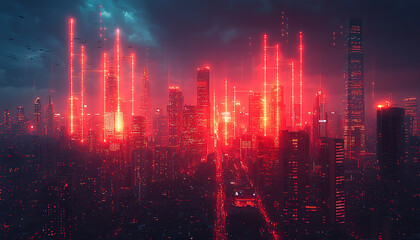 Obraz premium Global economy economic growth inequality. Futuristic cityscape with glowing red lights and tall skyscrapers
