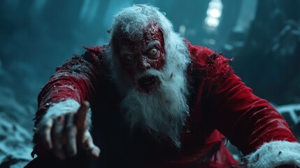 Obraz premium This captivating image portrays a terrifying Santa Claus with bloodied features, evoking feelings of fear, horror, and unease in a chilling holiday setting.