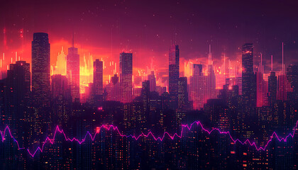 Fototapeta premium Global economy economic growth inequality. Futuristic city skyline with economic trends visualization at sunset