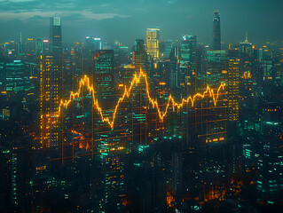 Fototapeta premium Global economy economic growth inequality. City skyline with glowing financial graph overlay