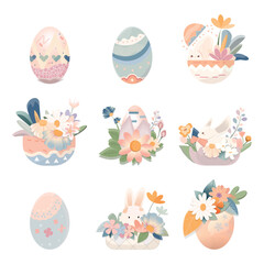 Easter concept flat design with Easter eggs, cute little bunny, celebration of 2025 April festival, set vector illustration on white background.