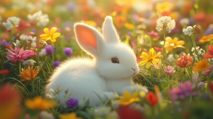 A white rabbit, a fluffy ball of cotton wool, lay nestled amidst a field of vibrant wildflowers, its whiskers twitching with curiosity as it gazed at the world around it. The scene exuded an air of