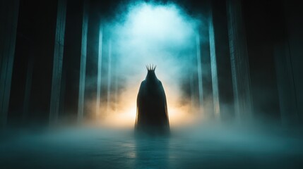 A cloaked figure with a crown surrounded by fog, creating an air of mystery and power, suitable for themes in fantasy literature or cinematic visuals.