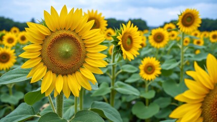 Fototapeta premium Yellow blooming sunflowers waved by wind grow in agricultural field. Cultivation of oil giving plants at picturesque farmland on summer day