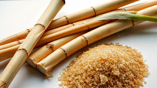 Brown Sugar Crystals and Sugarcane Stalks on White Background