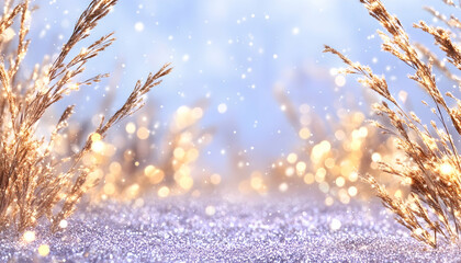 Golden grasses in winter snow, bokeh lights