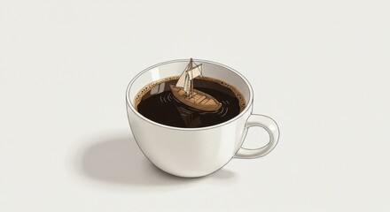 Tiny Boat in Coffee Cup: A Minimalist Illustration