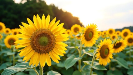 Obraz premium Yellow blooming sunflowers waved by wind grow in agricultural field. Cultivation of oil giving plants at picturesque farmland on summer day