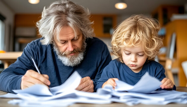 Grandfather and grandson working on papers at home