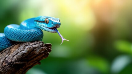 Fototapeta premium A striking close-up of a blue snake exhibiting intricate patterns and textures, capturing the beauty and allure of wildlife in nature's embrace.