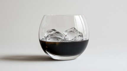 A frosty glass of black coffee, adorned with a cascade of ice cubes, rests against a pristine white backdrop, a testament to the refreshing simplicity of a perfect cold beverage.