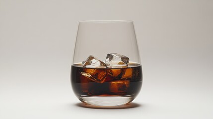 A frosty glass of black coffee, adorned with a cascade of ice cubes, rests against a pristine white backdrop, a testament to the refreshing simplicity of a perfect cold beverage.